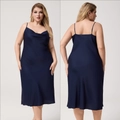 Front and back view of plus size dark blue satin nightdress with cowl neck and silk texture - 1XL / Navy Blue