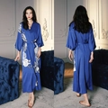 Luxurious navy blue satin long robe with white rose print and silk-like finish - Blue Sketch Flower / One Size (for Those Over 165cm Weighing 90-180 Lbs)