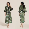 Women's dark green satin floral long robe featuring elegant pink peony prints and belt - Floral Spring Knot / One Size (for Those Over 165cm Weighing 90-180 Lbs)