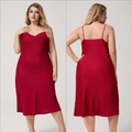 Detail view of plus size red satin slip dress showing adjustable straps and cowl neck - 1XL / Burgundy
