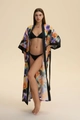 Women's long satin kimono robe with abstract colorful print and black trim details - Eternal Fireworks (Multicolor Splash)