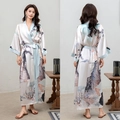 Women's satin long robe with traditional mountain print and light blue trim - Cloudy Mountain / One Size (for Those Over 165cm Weighing 90-180 Lbs)
