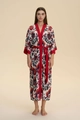 Floral print satin long robe with red silk trim and tie waist for women - Floral Splendor (Red Blue Floral)