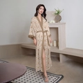Damen Satin-Morgenmantel mit geometrischem Rautenmuster und verstellbarem Bindegürtel - Einheitsgröße / Beige Braun Geometrisch