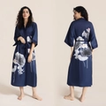 Navy blue satin robe with lotus print, kimono style V-neck and self-tie waist - Misty Rain Lotus / One Size (for Those Over 165cm Weighing 90-180 Lbs)