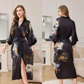 Floral print black satin long kimono bathrobe with waist tie for women's sleepwear - Ink Camellia