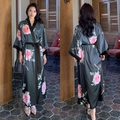 Dark green floral satin kimono robe with pink flowers and a black waist belt tie - Rhombus Flower Dew / One Size (for Those Over 165cm Weighing 90-180 Lbs)