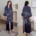 Dark blue floral satin long robe for women with elegant print and silk-like finish - Silver Thread Top / One Size (for Those Over 165cm Weighing 90-180 Lbs)