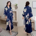 Dark blue satin floral print robe with elegant peonies and stylish waist tie - Pink and Blue Jade / One Size (for Those Over 165cm Weighing 90-180 Lbs)