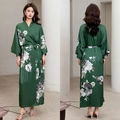 Dark green floral satin robe with luxury long cut and matching waist tie for women - Green Screen Jade / One Size (for Those Over 165cm Weighing 90-180 Lbs)