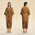 Eleganter senfgelber Satin-Kimono-Bademantel mit Blumenmuster und Bindegürtel für Damen - Einheitsgröße / Bernstein Gold