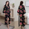 Women's black satin robe with pink rose print featuring a tie-waist and kimono sleeves - Ink Pool Brilliance / One Size (for Those Over 165cm Weighing 90-180 Lbs)