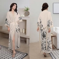 Champagne floral satin long robe with V-neck and wide sleeves for women - Auspicious Cloud Pearl / One Size (for Those Over 165cm Weighing 90-180 Lbs)