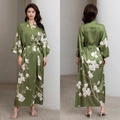 Dark green floral satin robe featuring white magnolia print and waist tie belt - Jade Snow Spring / One Size (for Those Over 165cm Weighing 90-180 Lbs)