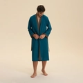 Men's dark teal cotton bathrobe with geometric patterned trim and waist tie closure - 2XL / Sea Blue