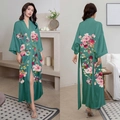 Emerald green satin long floral robe with pink roses and elegant tie waist belt - Jade Green Coral / One Size (for Those Over 165cm Weighing 90-180 Lbs)