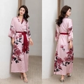 Pale pink satin floral long robe with large chrysanthemum print and waist belt - Autumn Morning Frost / One Size (for Those Over 165cm Weighing 90-180 Lbs)