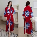 Elegant long red floral satin robe with luxury flower print and belted kimono style - Blue Sky Red Flame / One Size (for Those Over 165cm Weighing 90-180 Lbs)