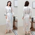Floral satin long kimono robe in silver grey with blue trim and elegant bird prints - Bird Startled by Spring / One Size (for Those Over 165cm Weighing 90-180 Lbs)