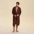 Men's dark brown cotton bathrobe with geometric vintage trim and a waist tie - 2XL / Coffee