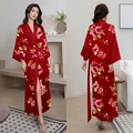 Elegant red floral satin long robe for women with kimono sleeves and waist tie belt - Pink and Cinnabar / One Size (for Those Over 165cm Weighing 90-180 Lbs)