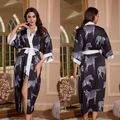 Women's black zebra print satin robe with white contrast trim and belted waist design - Zebra Prism / One Size (for Those Over 165cm Weighing 90-180 Lbs)