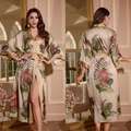 Champagne floral satin kimono robe with jungle animal print and matching waist belt - Equatorial Jungle / One Size (for Those Over 165cm Weighing 90-180 Lbs)