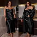 Women's black satin cowl neck long slip dress and matching robe two-piece sleepwear set - 3XL / Black