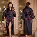 Elegant black satin kimono robe with red floral patterns and adjustable waist tie - Spring Night Letter / One Size (for Those Over 165cm Weighing 90-180 Lbs)
