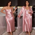Pink plus size satin pajama set with cowl neck long nightgown and matching belted robe - 3XL / Pink