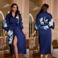 Dark blue satin floral print long robe with matching belt and v-neckline for women - Oriental Moon / One Size (for Those Over 165cm Weighing 90-180 Lbs)
