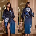 Blue floral satin long kimono robe with gradient print and matching black waist belt - Peerless Blue Jade / One Size (for Those Over 165cm Weighing 90-180 Lbs)