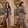 Women's leopard print satin robe with black trim and belt, long loungewear dress - Leopard Carnival / One Size (for Those Over 165cm Weighing 90-180 Lbs)