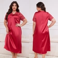 Rotes Übergrößen-Nachthemd aus Seidensatin mit V-Ausschnitt und Spitze für Damen - 1XL / Burgunderrot