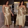 Champagne gold satin plus size nightgown and long robe set for women loungewear - 3XL / Champagne