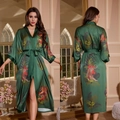 Women's dark green satin printed bathrobe with tropical animal patterns and V-neck line - Green Bush Leopard / One Size (for Those Over 165cm Weighing 90-180 Lbs)