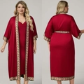 Burgundy satin two-piece sleepwear set with baroque floral trim in plus size - One Size / Robe And Dress Set (Spring Song) / Burgundy