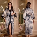 Elegant grey-blue floral satin robe with ink painting pattern and black contrast piping - Ink Landscape / One Size (for Those Over 165cm Weighing 90-180 Lbs)