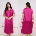 Nuisette satinée rose vif avec bordure en dentelle au col en V et manches courtes - Rose rouge
