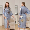 Grey floral satin robe with luxury long cut and stylish quarter sleeves for women - Yaohua Mountain / One Size (for Those Over 165cm Weighing 90-180 Lbs)