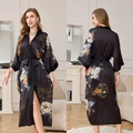 Elegant black floral satin robe for women with kimono sleeves and matching waist tie - Plus Size One Size / Ink Camellia