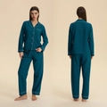 Women's dark teal long-sleeve cotton pajama set with white piping and button-down design - S / Top And Bottom / Dark Teal