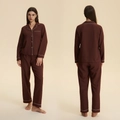 Deep brown two-piece loungewear pajama set with white piping and button-down front - S / Top And Bottom / Dark Brown