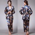 Pigiama 3 pezzi in seta blu scuro da donna con motivi barocchi dorati e pizzo - M / Blu Reale