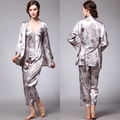 Ensemble de pyjama 3 pièces en soie glacée pour femmes avec imprimé dragon gris - Gris