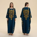 Navy blue kaftan dress with gold paisley print featuring loose fit and long sleeves - Blue Paisley Glow (ZP3946)