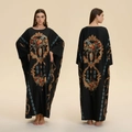 Elegant black kaftan dress featuring gold baroque patterns and loose silhouette - Peacock Feather Bloom (ZP3946)