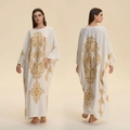 Elegant beige kaftan dress with golden baroque prints in a loose-fitting variant view - Ivory Scroll Vine (ZP3946)