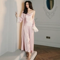 Pink silk pajama set with camisole, pants, and feather-trimmed robe for women - M / Cami Top And Long Pants / Camisole Pants Set-Pink