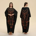 Elegant black kaftan robe with intricate red and gold bohemian totem prints on front and back - Persian Totem Pattern (ZP3946)